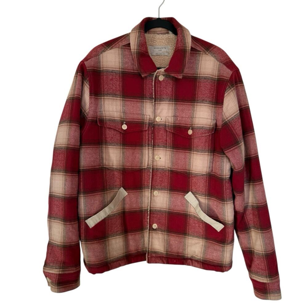 AllSaints Hawkins Sherpa Lined Plaid Jacket Mens Large Relaxed Fit Red Flannel